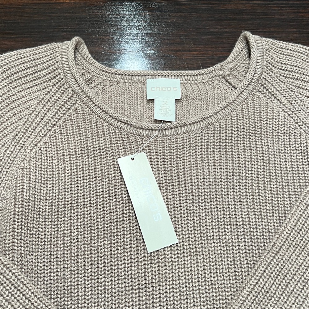 CHICO’S Drama Fringe Pull Over Sweater Taupe - Picture 6 of 12